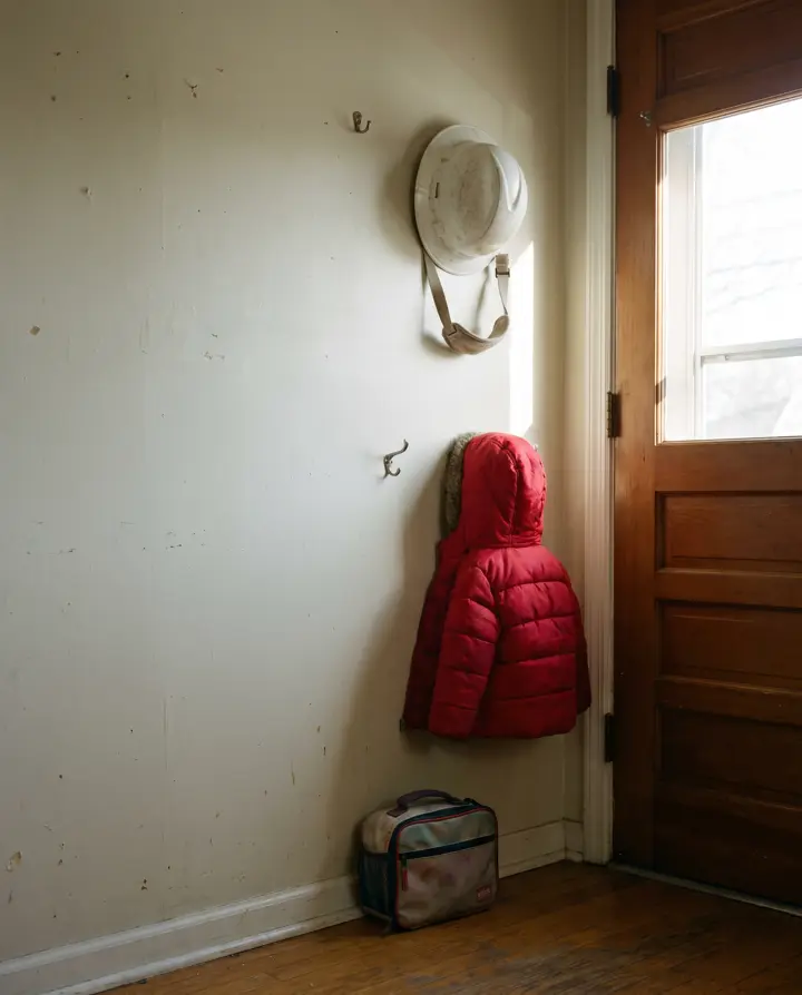 A white hard hat hanging on a hook by the back door next to a child's red coat